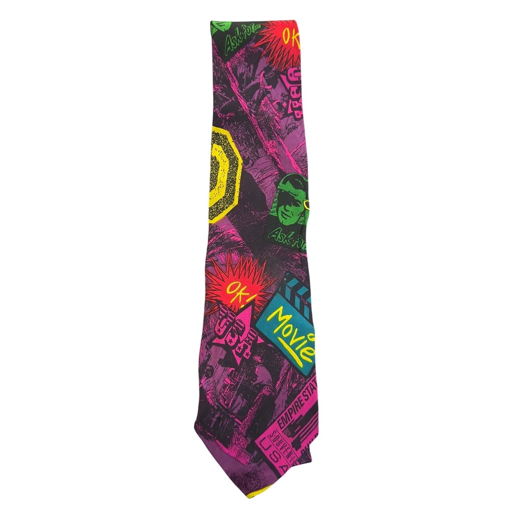 Claude Montana Vintage 80s Neon Pop Art Movie Novelty Tie Purple Green